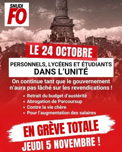 Dans les manifestations samedi 24 octobre ! En grève totale à partir du jeudi 5 novembre !